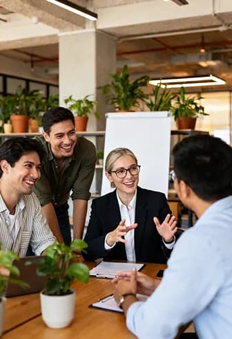 Colleagues talking in a bright open-plan office