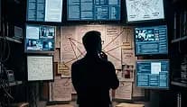 Person studying a wall of documents