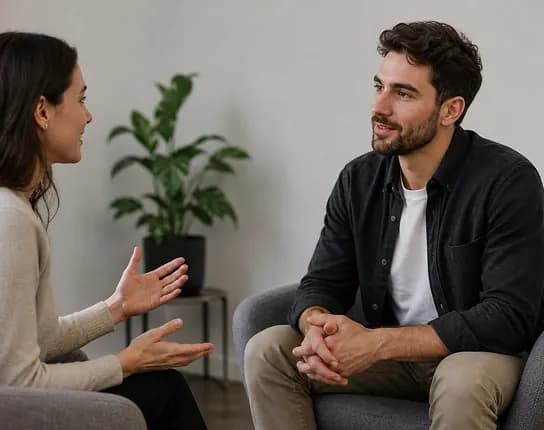 Two colleagues in conversation in a lounge area