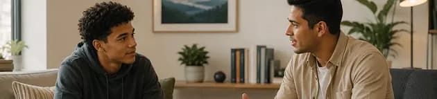 Two colleagues talking on a sofa