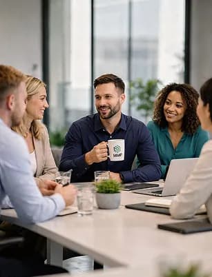 Team chatting around a meeting table