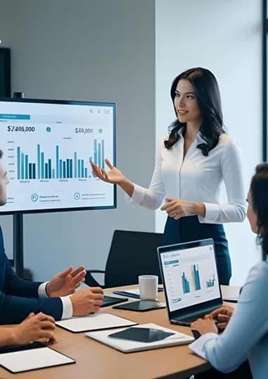 Presenter showing charts on a screen to colleagues
