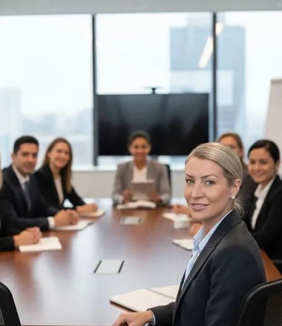 Colleagues gathered around a conference table in a bright meeting room