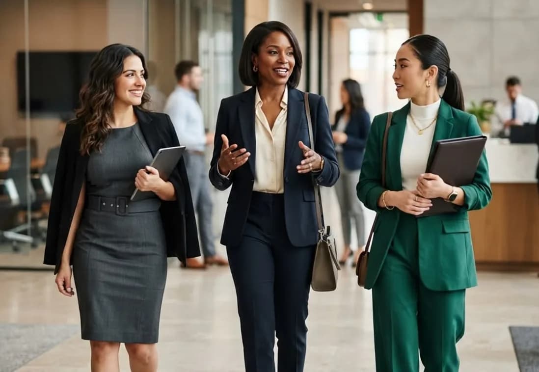 Colleagues discussing research while walking through an office