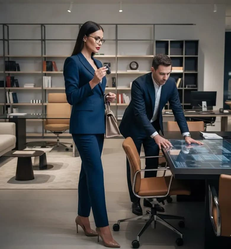 An analyst reviewing a source document in a glass-walled office