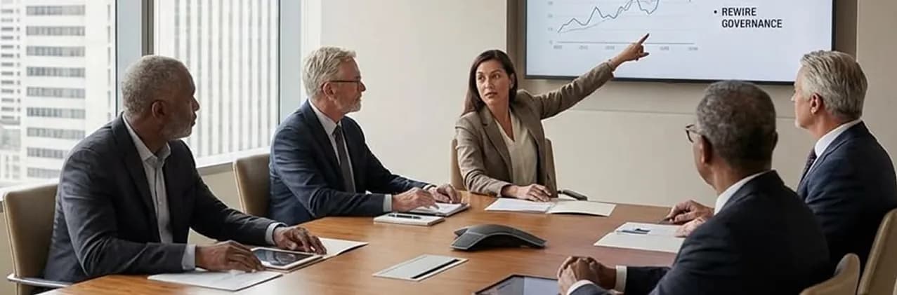 Presenter pointing at a chart during a boardroom meeting