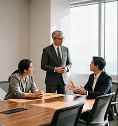 Colleagues talking across a table in a bright meeting room