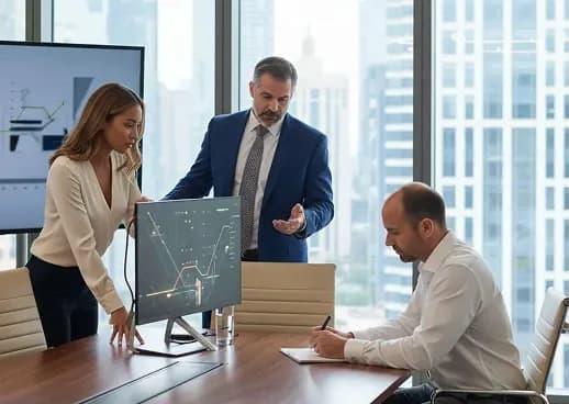 Analysts reviewing charts on a screen in an office