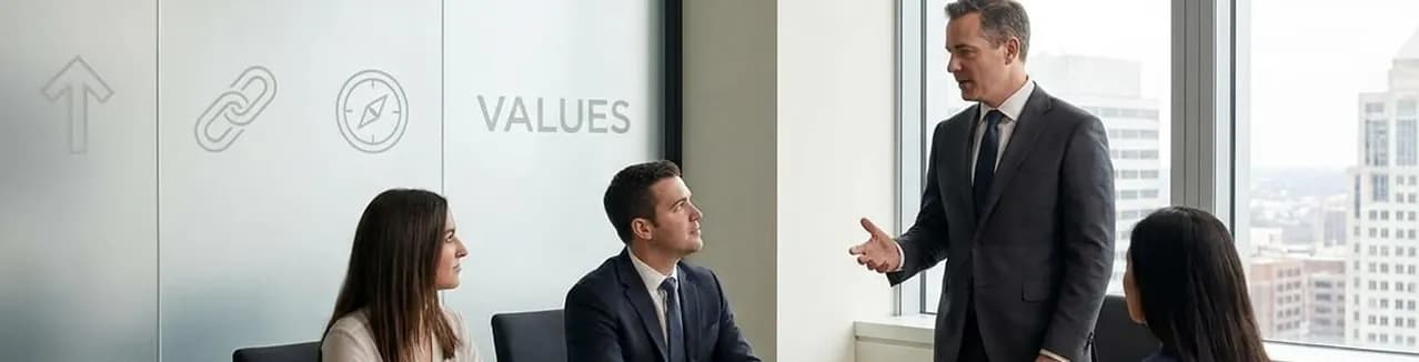 Colleague briefing a seated team beside a glass wall