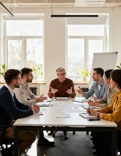 Team in discussion around a meeting table in a bright, high-windowed office