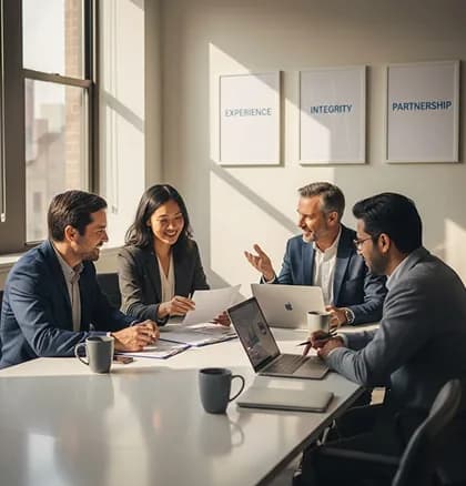 Colleagues collaborating around a meeting table with laptops and papers