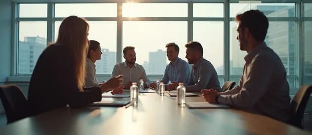 Team in discussion around a long boardroom table in front of tall windows