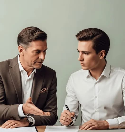 Senior advisor explaining a document to a younger colleague who is taking notes