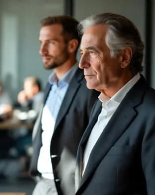 Two executives in suits listening intently during a meeting