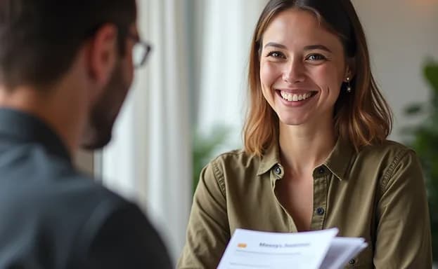 Smiling professional holding a printed report during a conversation