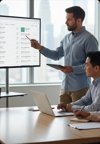Analyst pointing to a research dashboard on a large monitor