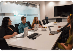 Team reviewing research together in a meeting room
