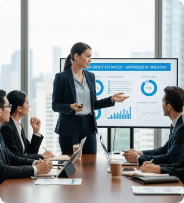 Analyst presenting a growth strategy dashboard to a boardroom