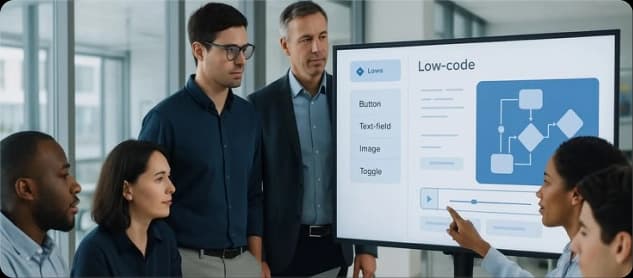Team reviewing a low-code monitoring workflow on a large display