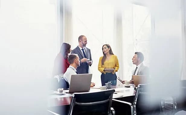 A team meeting around a conference table in a sunlit room