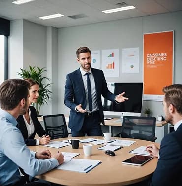 A presenter walking a team through product updates around a meeting table