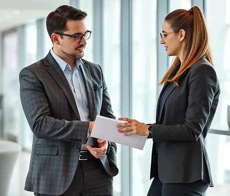 Two colleagues exchanging a document in an office