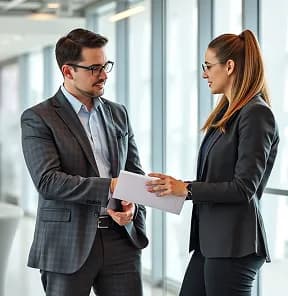 Two colleagues exchanging a document beside an office window