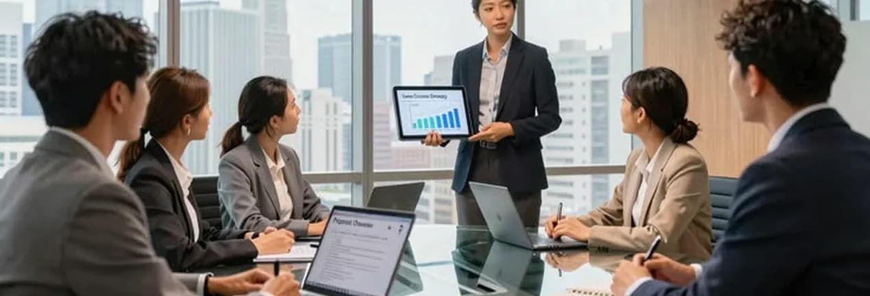 A presenter sharing a chart on a tablet with colleagues around a meeting table