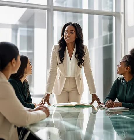 A professional leading a discussion at a conference table