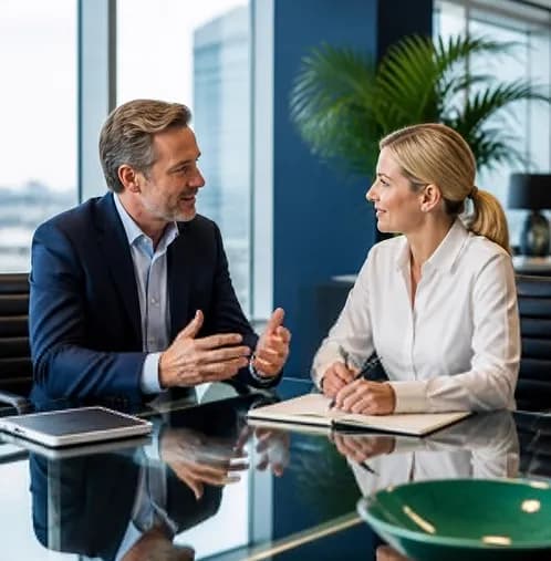 Two colleagues discussing work across an office table