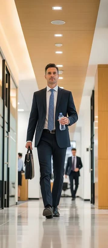 A professional walking through a bright office corridor