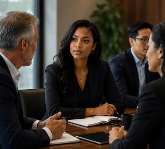 A team reviewing work together around a meeting table