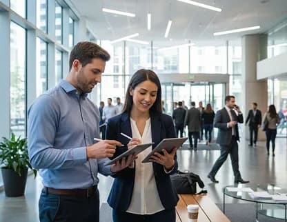 People walking through a busy, modern office lobby