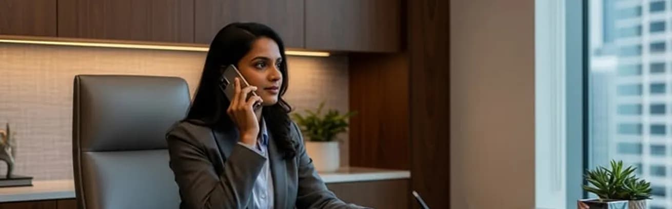 A professional on a phone call at a desk in a high-rise office