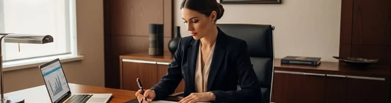 A professional signing paperwork at a desk beside a laptop