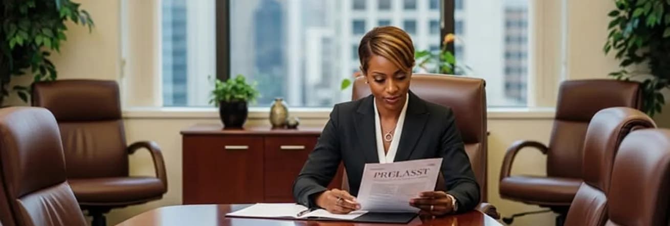A professional reading a printed document at a conference table