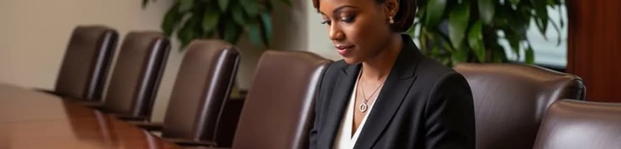 A professional reviewing notes alone at a boardroom table