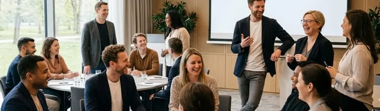 A large group of colleagues talking and laughing in a workshop room