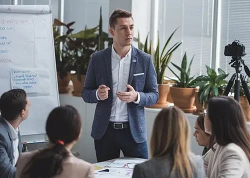 A presenter speaking to colleagues beside a flip chart