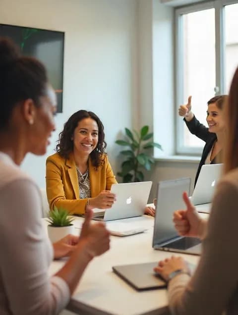 A smiling team giving thumbs up around a meeting table with laptops