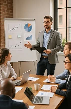 A presenter at a flip chart briefing colleagues around a table