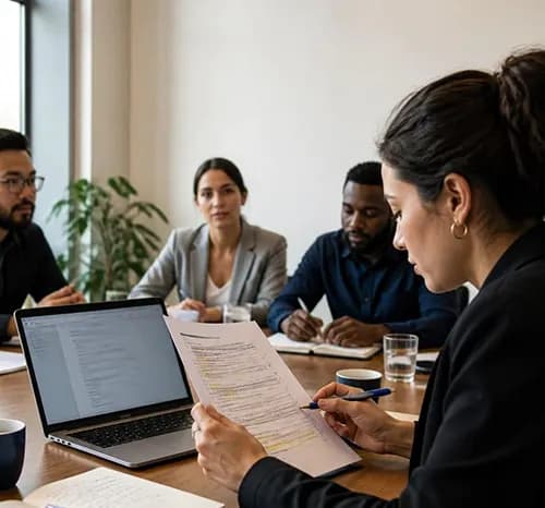 A woman reviewing printed documents beside a laptop in a team meeting
