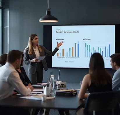 A presenter walking colleagues through a chart in a meeting room