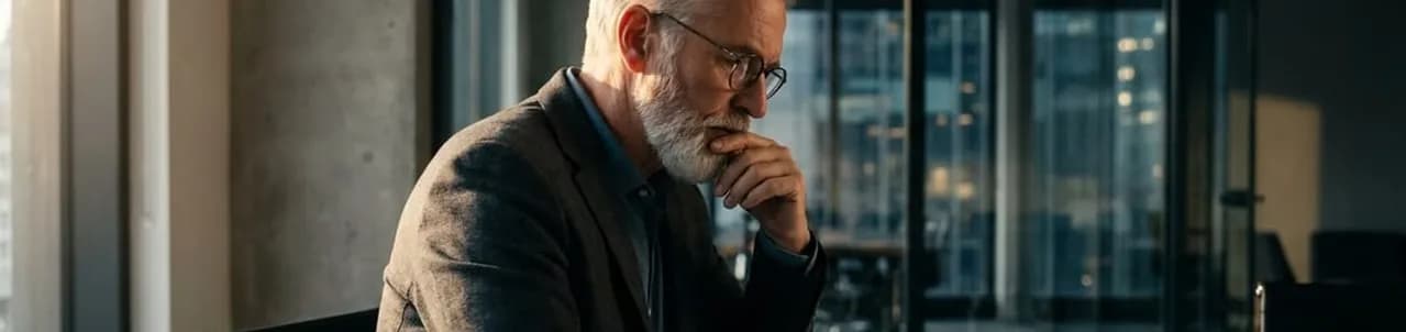 A thoughtful older professional seated by an office window