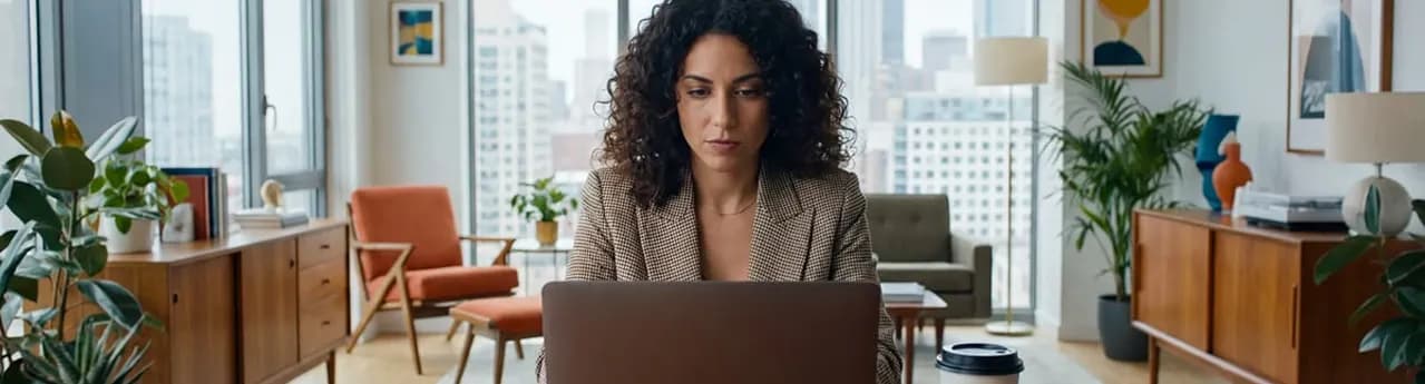 A woman working on a laptop in a bright, plant-filled apartment