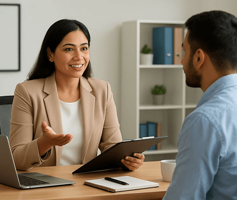 Two professionals reviewing research together at a desk