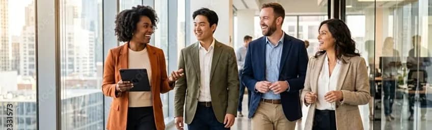 Four colleagues talking together in a bright office