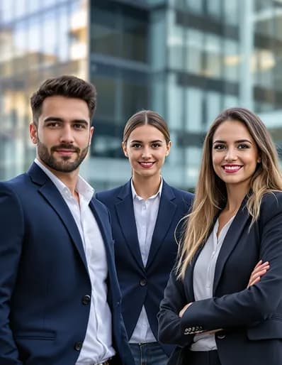 Three colleagues standing together outside an office building