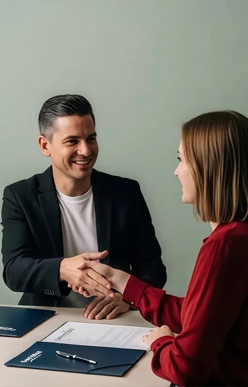 Two colleagues meeting across a desk in an office