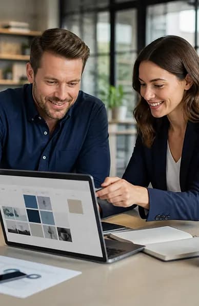 Two colleagues reviewing information together on a laptop